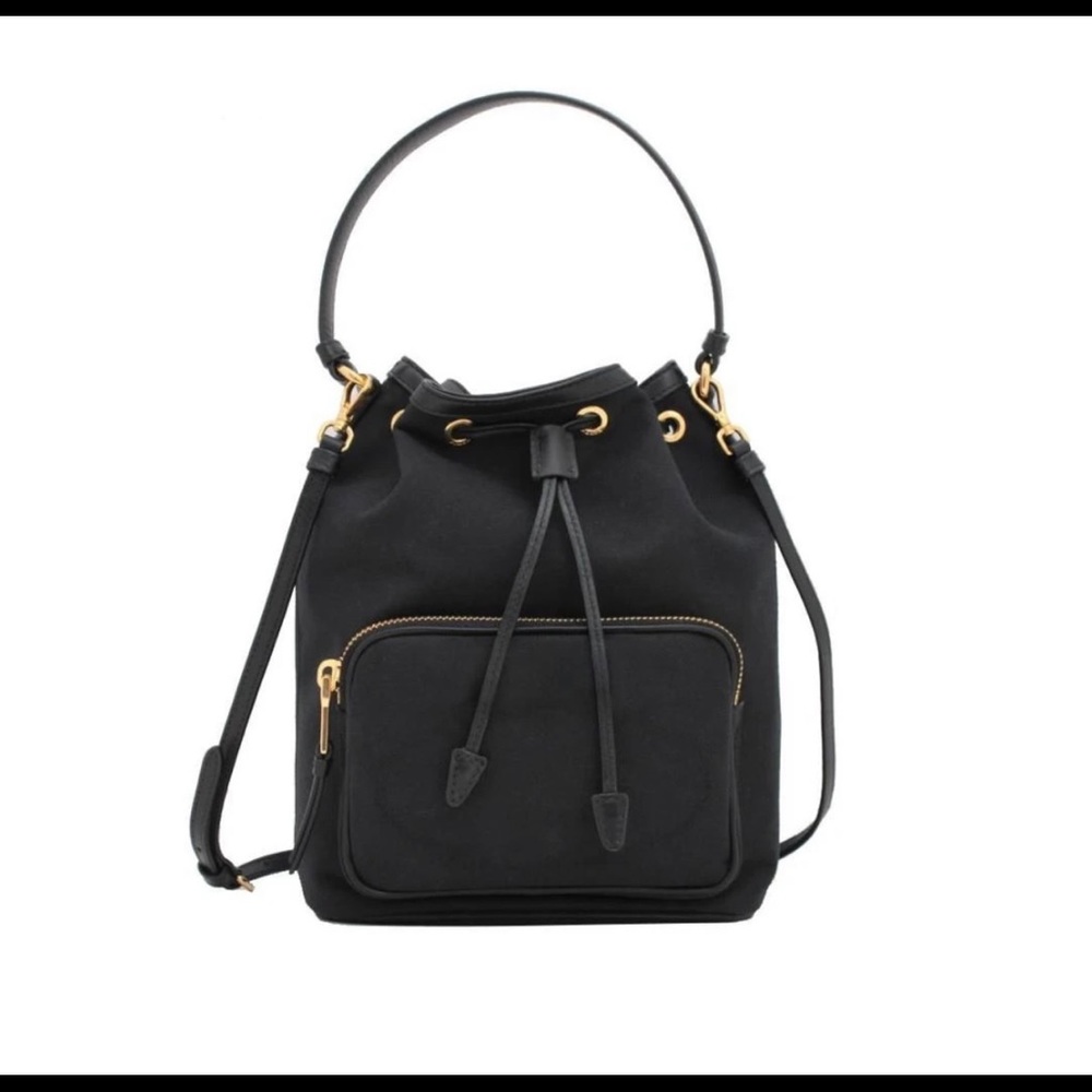 Prada Bucket Jacquard Logo Convertible Medium 1bh097 Black Canvas Cross Body Bag